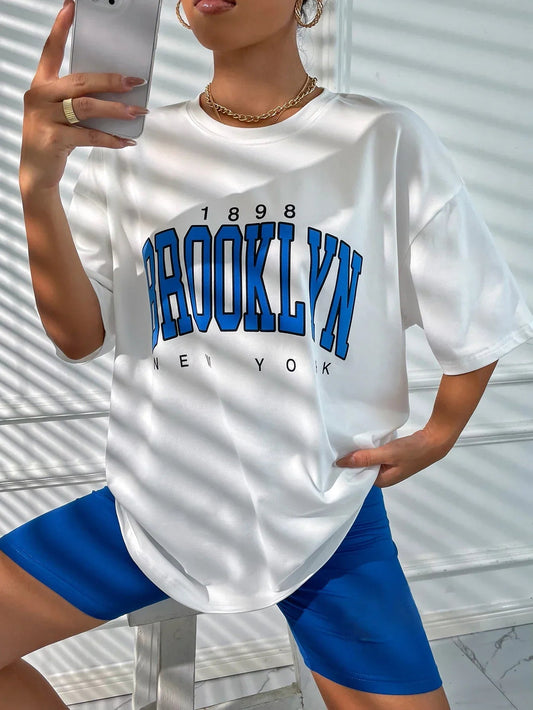 1898 Brooklyn York Letter Drop Shoulder Print T-Shirt Women Vintage Oversized T Shirt Simple Clothes Female Tshirt Y2K Top - Baddielike