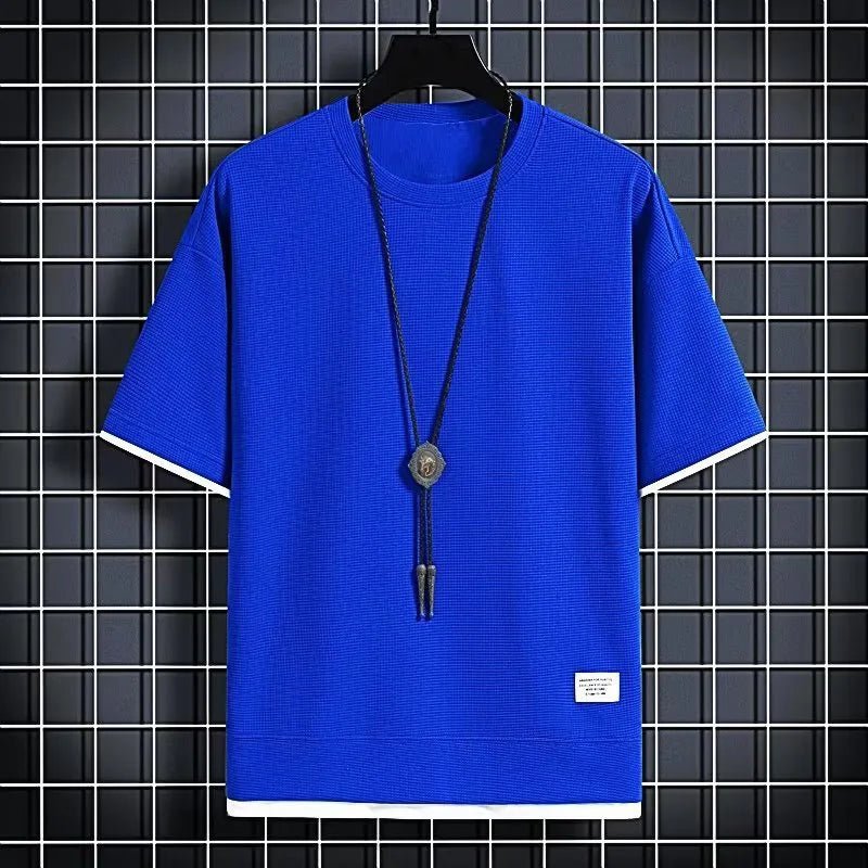 1pcs Men Summer T-Shirt Man Short Sleeved Waffle Solid T-Shirt Male Solid Color Casual Tee Round Men's Round Neck Fashion Top - Baddielike