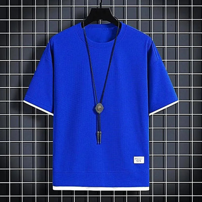 1pcs Men Summer T-Shirt Man Short Sleeved Waffle Solid T-Shirt Male Solid Color Casual Tee Round Men's Round Neck Fashion Top - Baddielike