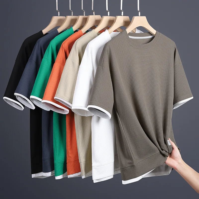 1pcs Men Summer T-Shirt Man Short Sleeved Waffle Solid T-Shirt Male Solid Color Casual Tee Round Men's Round Neck Fashion Top - Baddielike