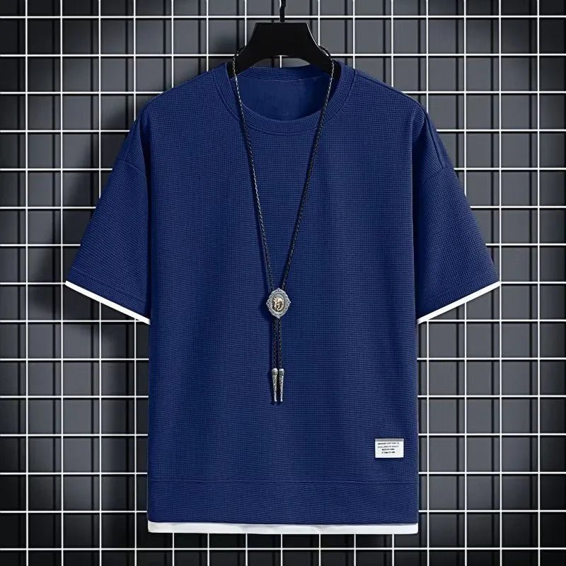 1pcs Men Summer T-Shirt Man Short Sleeved Waffle Solid T-Shirt Male Solid Color Casual Tee Round Men's Round Neck Fashion Top - Baddielike