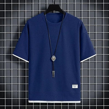 1pcs Men Summer T-Shirt Man Short Sleeved Waffle Solid T-Shirt Male Solid Color Casual Tee Round Men's Round Neck Fashion Top - Baddielike