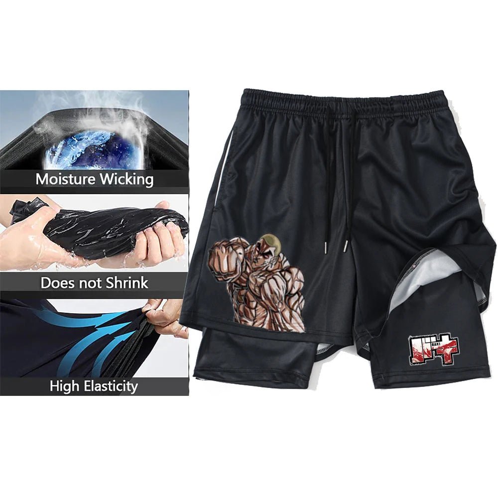 2 In1 Gym Shorts Hanma Baki Anime Shorts Black for Men Women Bodybuilding Fitness Summer Mesh Quick Dry Board Shorts to Beach - Baddielike