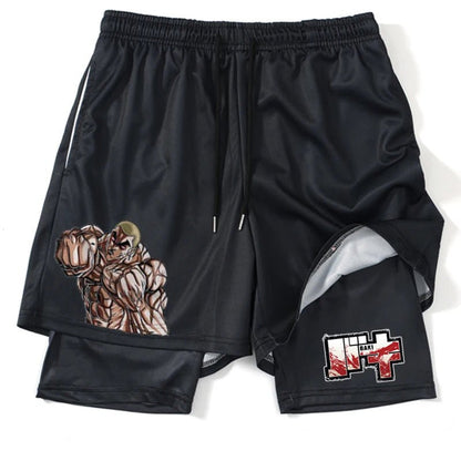 2 In1 Gym Shorts Hanma Baki Anime Shorts Black for Men Women Bodybuilding Fitness Summer Mesh Quick Dry Board Shorts to Beach - Baddielike