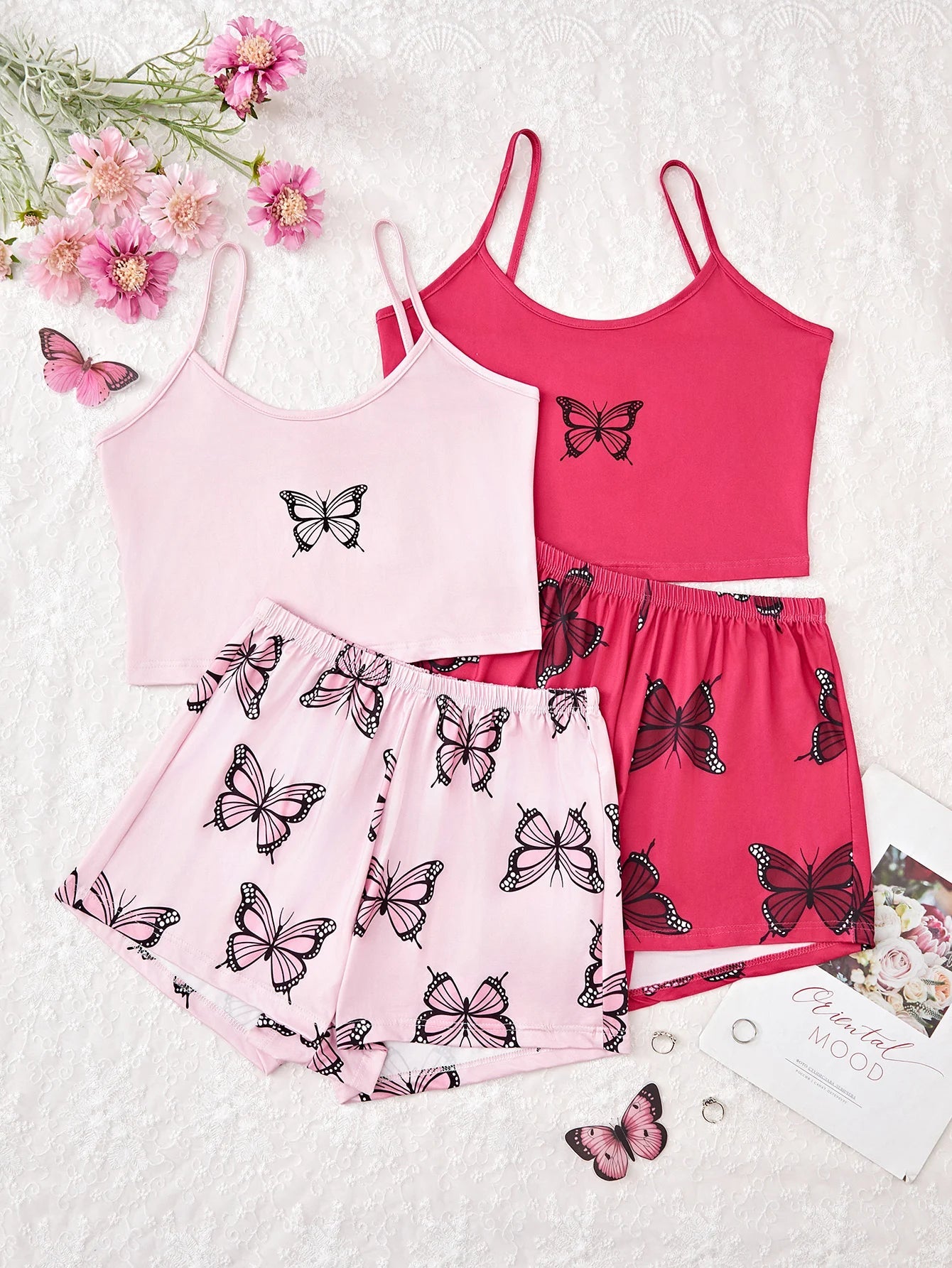 2 Set Women's new style pajama set Butterfly Halter top Pink shorts 4 piece casual loungewear - Baddielike