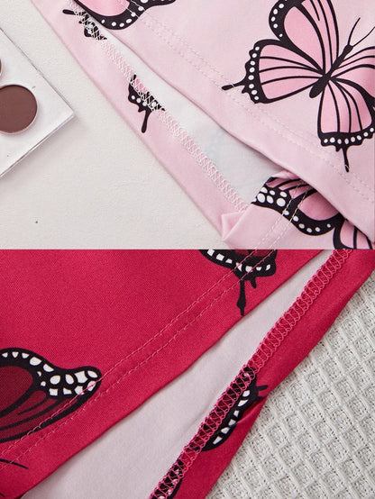 2 Set Women's new style pajama set Butterfly Halter top Pink shorts 4 piece casual loungewear - Baddielike