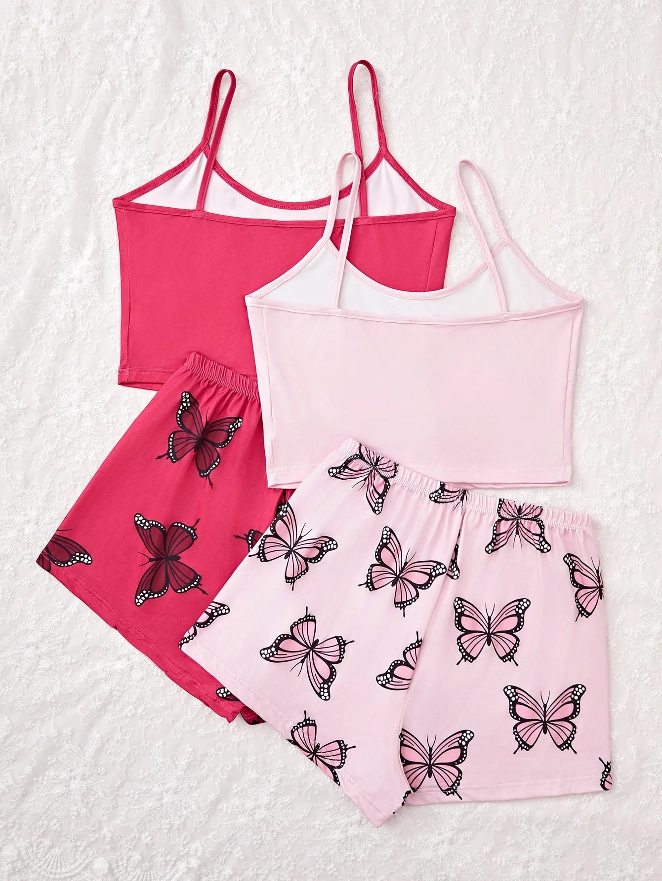 2 Set Women's new style pajama set Butterfly Halter top Pink shorts 4 piece casual loungewear - Baddielike