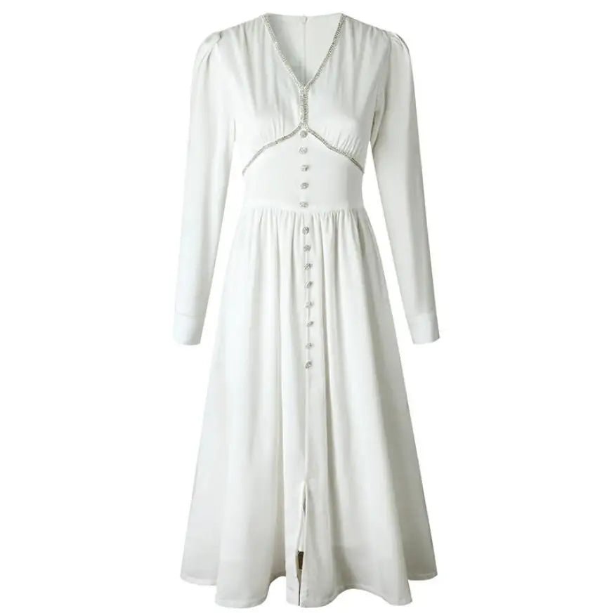 2021 Spring Designer Women Luxury Diamonds Buttons Patchwork Party Dresses High Waist V - neck Elegant Vestido s692 - Baddielike