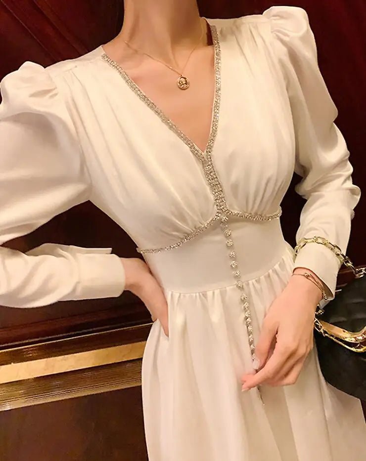 2021 Spring Designer Women Luxury Diamonds Buttons Patchwork Party Dresses High Waist V - neck Elegant Vestido s692 - Baddielike