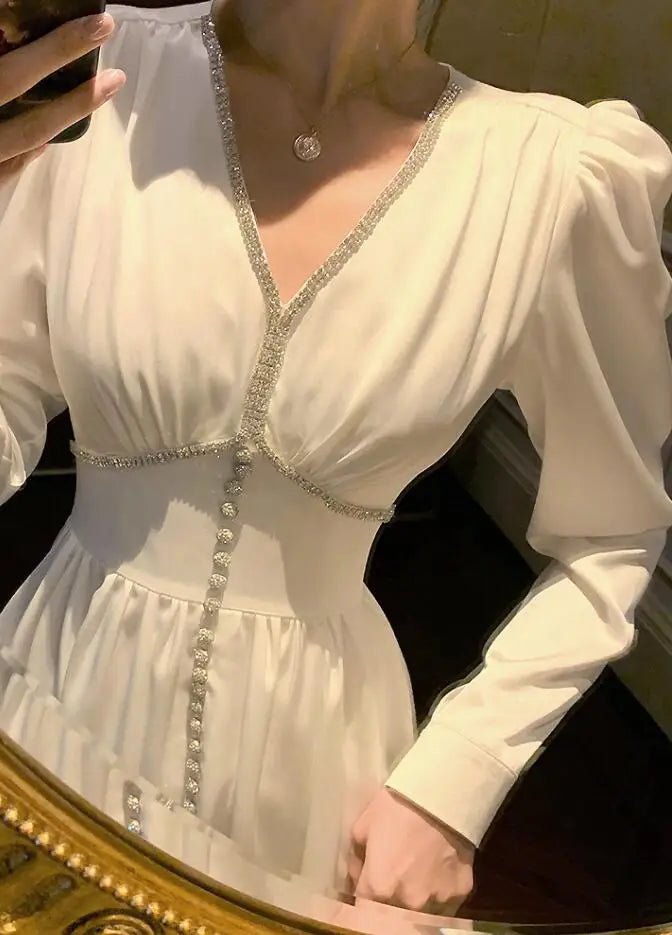 2021 Spring Designer Women Luxury Diamonds Buttons Patchwork Party Dresses High Waist V - neck Elegant Vestido s692 - Baddielike