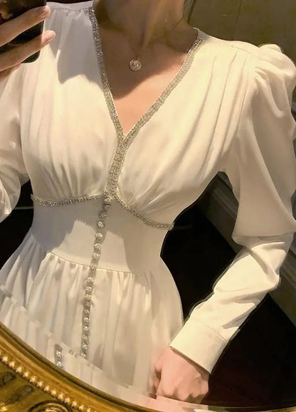 2021 Spring Designer Women Luxury Diamonds Buttons Patchwork Party Dresses High Waist V - neck Elegant Vestido s692 - Baddielike