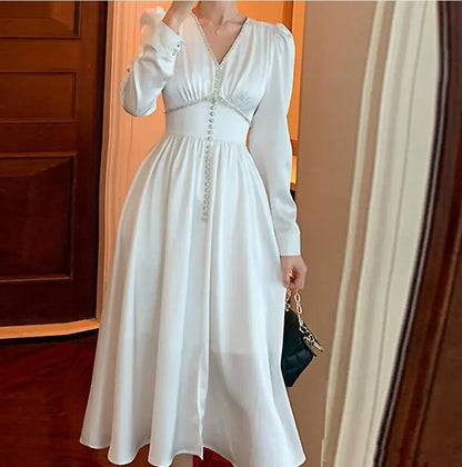 2021 Spring Designer Women Luxury Diamonds Buttons Patchwork Party Dresses High Waist V - neck Elegant Vestido s692 - Baddielike