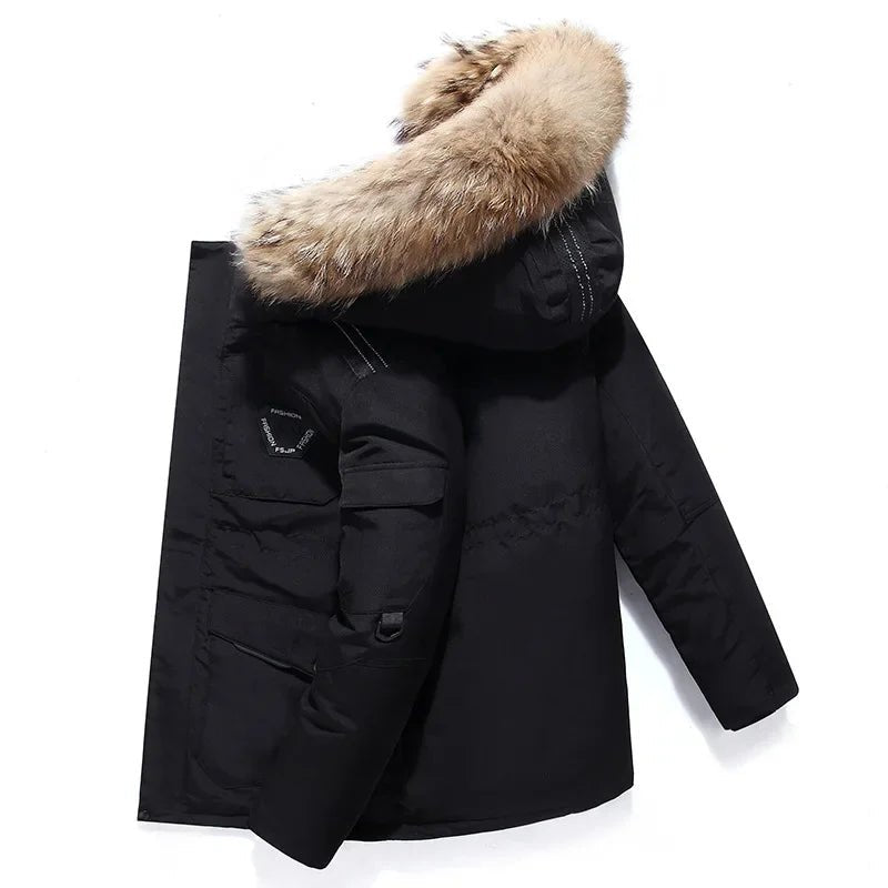  - 30 Degree White Duck Down Parkas Men Windproof Hooded Thicken Multi - pocket Down Coat Fur Collar Hooded Thick Winter Jacket - Baddielike